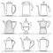 Set of flat design vector images of coffee pot drawn in art line style