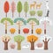 Set of flat forest elements. Trees and animals. Autumn summer, winter, spring trees, bushes