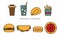 Set of flat geometric fast-food icons. Illustration of colored lemonade, roasted chicken, fries, coffee, pizza, hamburger, hot-dog