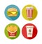 Set of flat icon with hamburger fries soda and coffee in paper cup. Illustration.