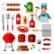 Set of flat icons of bbq, barbecue objects, cook