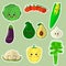 Set of flat icons of vegetable smiles stickers on a green background.