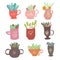 Set of flat illustrations of decorative cups of tea with foliage and various ingredients. Summer teas with cinnamon, mint, lemon,