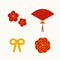 Set of flat isolated Asian festive elements, flowers, bow knot, sensu fan
