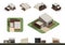 Set of flat isolated house building kit creation, detailed urban and rural house concept design in top, side, front and back