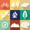 Set of flat monochromatic hiking, trekking and camping icons.