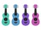 Set of flat multicolor cartoon ukulele. Hawaiian music. Musical string instrument. Vector element