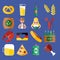 Set of flat Oktoberfest vector icons. Bottle Beer, Food and Drinks