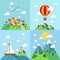 Set of flat outdoor vacation landscapes