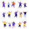 Set of flat people dancing parents with kids characters. Bundle cartoon people happy children dad and mom