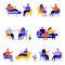 Set of flat people married couples sitting on chairs or lying on sofa characters. Cartoon tiny people on street isolated