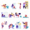 Set of flat people reading or students studying characters. Bundle cartoon people book lovers, readers