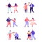 Set of flat people on a romantic date characters. Bundle cartoon people boys and girls holding hands