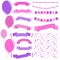 Set of flat pink and purple isolated balloons on ropes and garlands of flags. A set of ribbons of banners of different shapes.