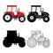 Set of flat red, black, thin line tractors on the white background. Farming vehicle icon machinery, agricultural