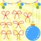 Set of flat red bows and ropes to Christmas decorations. Garland and blue Christmas ball on a yellow background