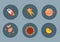 Set of flat rocket icons, planet, meteorites, radar, sun, star