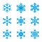 Set of flat snowflakes on white background. Flat snow icons, silhouette. Decorative set of elements of various winter snowflakes.