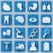 A set of flat square icons on medical subjects. Blue and gray color trendy design.