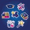 Set flat stickers. Books and textbooks, academic and magician cap, magic wand and spells. Study, education, learning