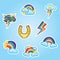 Set flat stickers horse shoe, rainbow, white clouds and stars, multicolor lightning strikes from gray thunderclouds