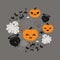 Set of flat style Halloween items, pumpkin, witch cauldron, spider web, spider, ghost, flock of bats, mouse, candy, for stickers,