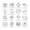 A set of flat thin line icons on white background for successful blogging business. It includes: newsletter, social, seo, content