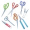Set of flat various types of color scissors. Secateurs and nippers. Sewing, gardening and hairdressing scissors. Cartoon vector
