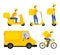 Set of flat vector illustrations. Man on different delivery service vehicles. Electric scooter, moped, unicycle, bike, minibus.