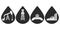 Set of flat vector onshore icons for oil and gas industry; graphic grey petroleum signs in drops of oil: sucker rod pump, drilling