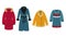 Set of flat vector women`s outerwear. Sheepskin coat, faux fur coat, down jacket, quilted coat