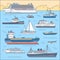 Set of flat yacht, scooter, boat, cargo ship, steamship, ferry, fishing boat, tug, bulk carrier, vessel, pleasure boat