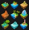 Set of floating platforms with different landscapes. Volcano with lava, desert with cacti, waterfall, island with