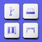 Set Floor lamp, Mattress, Wardrobe and Office desk icon. White square button. Vector