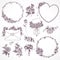 Set of floral design elements. Flower branch, wreaths, heart. Roses flowers. Wedding, birthday, valentines day concept.