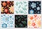 Set of floral seamless patterns. Embroidery of flowers and leaves on white and black background.