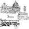 Set of Florence Ponte Vecchio bridge in , Italy. Vector hand drawn sketch