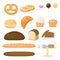 Set of flour product. Backery. Bread, baguette, cake, muffin, cakepops and bun. Cartoon vector