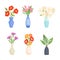 Set of flower bouquets. Tulip, chamomile, lily of valley bright summer blooming flowers in vases cartoon vector