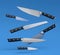 Set of fluing chef's kitchen knives with a wooden handle on blue background.