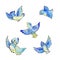 Set of flying blue birds, watercolor illustration