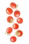 Set of flying fresh whole tomatoes isolated on white background