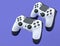 Set of flying gamer joysticks or gamepads on violet background