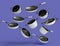 Set of flying stewpot, frying pan and chrome plated cookware on violet