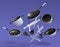 Set of flying stewpot, frying pan and chrome plated cookware on violet