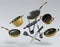Set of flying stewpot, frying pan and chrome plated cookware on white