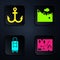 Set Folded map with location, Anchor, Suitcase and Mountains. Black square button. Vector