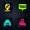 Set Folded map with location marker, Map pointer with taxi, Taxi car and Map pointer with taxi. Black square button