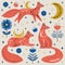 Set of folk foxes with flowers and moon