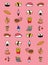Set of food and beverage on pink background. set of sushi, pancake, donut, croissant, fries, noodle, cupcake, ice cream, coffee an